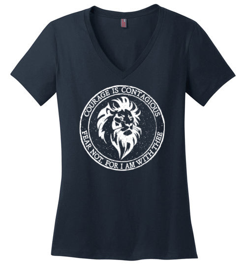 Ladies Classic Fit V-Neck - Courage Is Contagious - White Ink