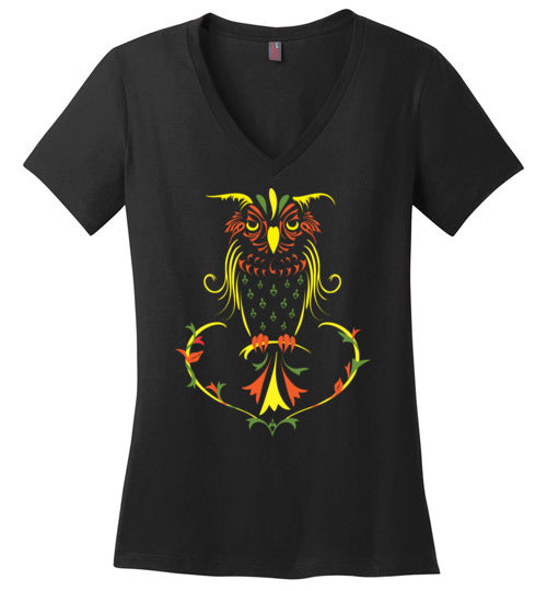 Ladies Classic Fit V-Neck - Fall Owl - Green Ink