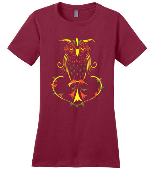 Ladies Classic Fit Crew - Fall Owl - Green Ink